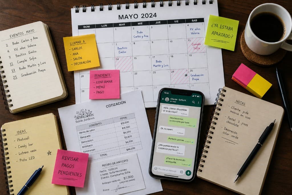 Escritorio con calendario de pared, notas adhesivas, cotización impresa y chats dispersos
